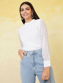 Styli - High Neck Front Lace Detail Blouse