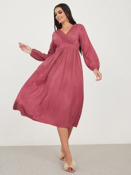 Styli - Solid Wrap Front A-line Midi Dress