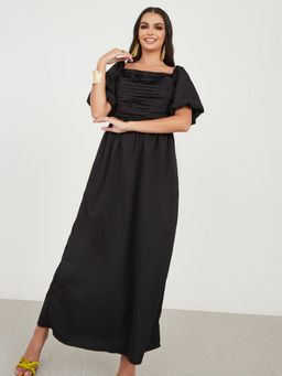 Styli - Balloon Sleeves Pleated A-line Maxi Dress
