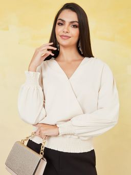 Styli - Long Sleeve Wrap Blouse With Smocking Cuff Detail