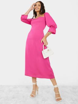 Styli - 3/4 Sleeve Square Neck A-line Midi Dress