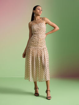RSVP by Nykaa Fashion - Beige Polka Dots Strappy Gathered Midi Dress