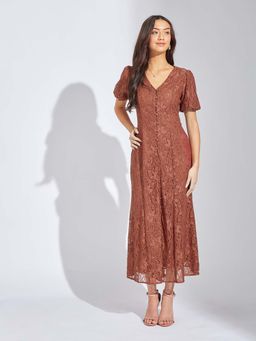 Latin Quarters - Women Rust Self Design Midi Dress