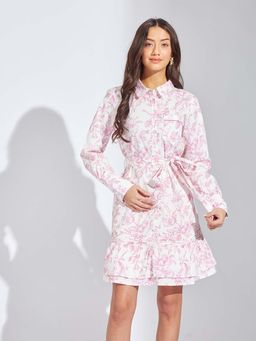 Latin Quarters - Women Pink Printed Mini Dress with Belt (Set of 2)