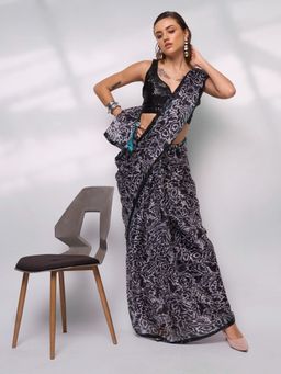 Modeva - Womens Embracing the allure with Captivating Black Pre Draped Saree with Unstitched Blouse