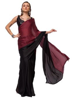 Modeva - Womens Embrace the Allure this Black & Maroon Printed Pre Draped Saree with Unstitched Blouse