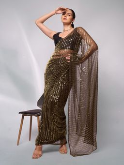 Modeva - Womens Sparkle with Sequinned Pre Draped Saree with Unstitched Blouse