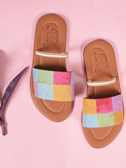 Bling Footwear - Colorful Checks Front Belt Flats