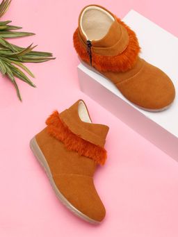 Tiny Bugs - Girls Party Wear Fur Boots - Tan