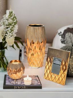 At Home by Nilkamal - Vase Photo Frame Votive Candle Holder Combo Brown & Gold
