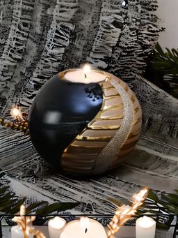At Home by Nilkamal - Abstract Strips Round Votive Candle Holder Black & Gold