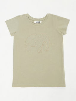 Cantabil - Girls Green Embellished Round Neck Casual T-Shirt