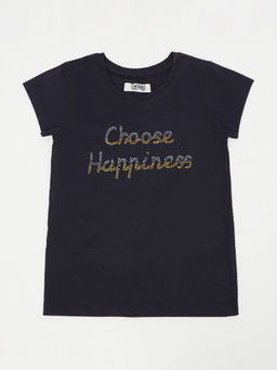 Cantabil - Girls Navy Blue Embellished Round Neck Casual T-Shirt