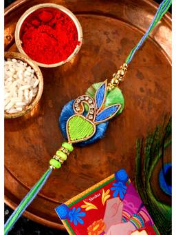 Shoshaa - Green and Blue Stone-Studded Thread Bhai Rakhi with Roli Chawal (Set of 2)