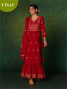 Likha - Red Hand Embroidered Kurta Sharara & Dupatta LIKSKD149 (Set of 3)