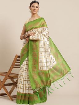 ISHIN - Womens Art Silk Off White & Green Printed Mysore Silk Saree with Unstitched Blouse