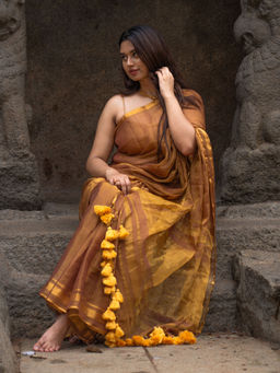 I LOVE SAREES - Pramathi Brown Tissue Silk Saree with Golden Zari & Unstitched Blouse