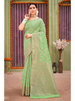 Sangam Prints - Green Linen Woven Zari Work Traditional Saree with Unstitched Blouse