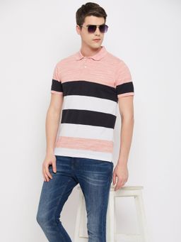 Club York - Men Peach Striper Polo Collar T-Shirt