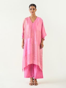 Shivani Bhargava - Pink Kaya Zari Stripe and Silk Patch Kurta with Pant (Set of 2)
