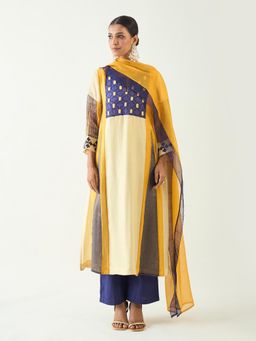 Shivani Bhargava - Mustard Roop Cotton Silk Kali Kurta with Pant and Dupatta (Set of 3)