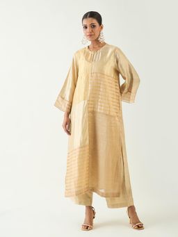 Shivani Bhargava - Beige Kaya Zari Stripe and Silk Patch Kurta with Pant (Set of 2)