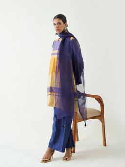 Shivani Bhargava - Blue Mira Silk Stripe Tissue Kurti with Pant and Dupatta (Set of 3)