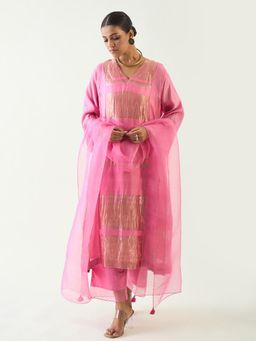 Shivani Bhargava - Pink Mira Silk Stripe Tissue Kurta with Pant and Dupatta (Set of 3)