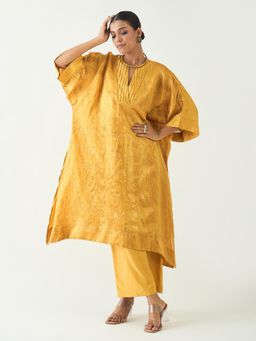Shivani Bhargava - Mustard Damani Silk with Weave Kimono Kaftan with Pant (Set of 2)