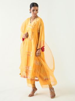 Shivani Bhargava - Yellow Mira Silk Stripe Tissue Kurta with Pant and Dupatta (Set of 3)