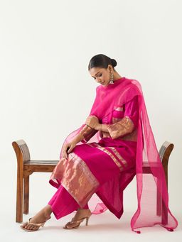 Shivani Bhargava - Pink Mira Silk Stripe Tissue Straight Kurta with Pant and Dupatta (Set of 3)