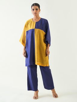 Shivani Bhargava - Blue Jeeva Cotton Silk Colour Block Kurta with Pant (Set of 2)