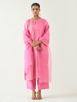Shivani Bhargava - Pink Kaya Zari Stripe and Silk Patch Kurta with Pant and Dupatta (Set of 3)