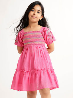 Blue Giraffe - Girls Pink Embroidered Square Neck Short Sleeves Dress