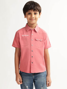 Blue Giraffe - Boys Pink Solid Spread Collar Short Sleeves Shirt