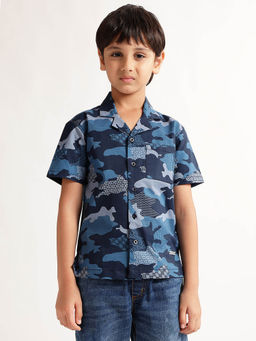Blue Giraffe - Boys Blue Camouflage Resort Collar Short Sleeves Shirt