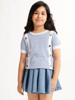 Blue Giraffe - Girls Blue Self-Design Round Neck Short Sleeves Top