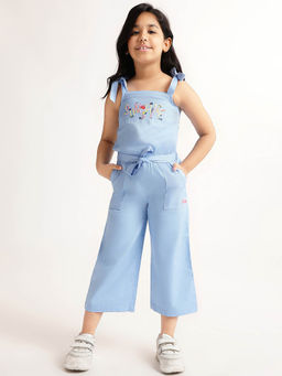 Blue Giraffe - Girls Blue Embroidered Regular Sleeveless Jumpsuit with Belt (Set of 2)