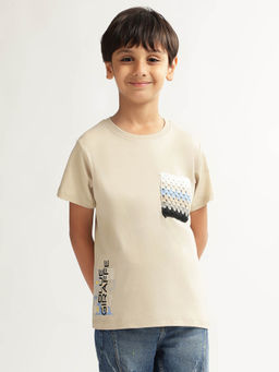 Blue Giraffe - Boys Beige Printed Regular Fit Half Sleeves Polo T-Shirt