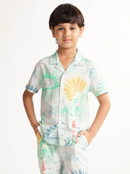 Blue Giraffe - Boys White Printed Regular Fit Half Sleeves Shirt