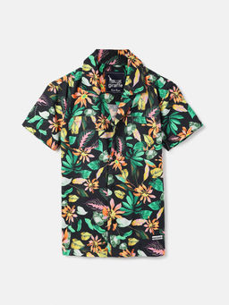 Blue Giraffe - Boys Black Floral Regular Fit Half Sleeves Shirt