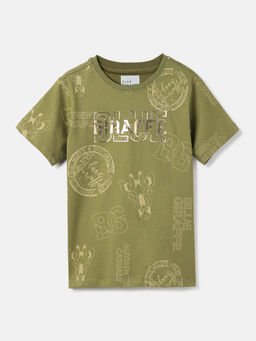 Blue Giraffe - Boys Olive Printed Regular Fit Half Sleeves T-Shirt