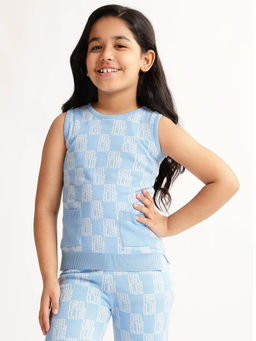 ELLE - Girls Blue Printed Round Neck Sleeveless Sweater