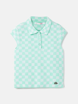 ELLE - Girls Green Checked Polo Short Sleeves Sweater
