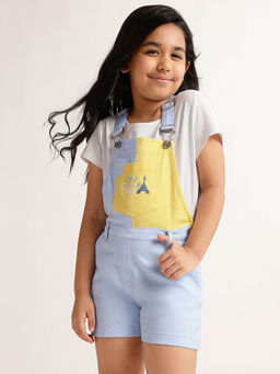 ELLE - Girls Blue Colour Blocked Square Neck Sleeveless Dungaree