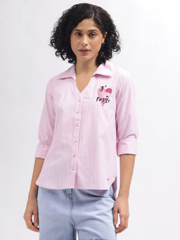 ELLE - Women Pink Striped Spread Collar Full Sleeves Shirt