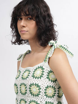 ELLE - Women Green Self-Design Square Neck Shoulder Straps Top