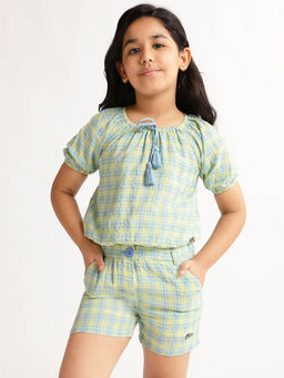 ELLE - Girls Yellow Checks Regular Fit Half Sleeves Top