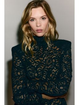 H&M - Women Black Shoulder-Pad Lace Blouse