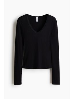 H&M - Women Black Lace-Trimmed Jersey Top
